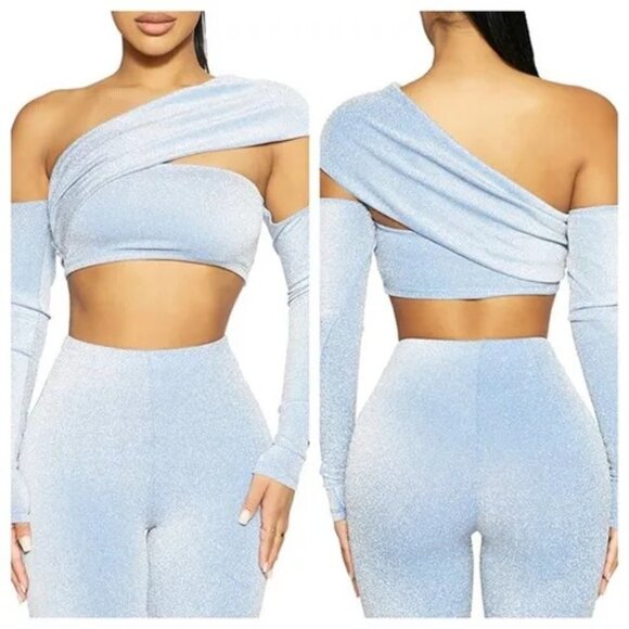 Naked Wardrobe Overly Long Sleeve Off The Shoulder Crop Top In Blue - Picture 1 of 8